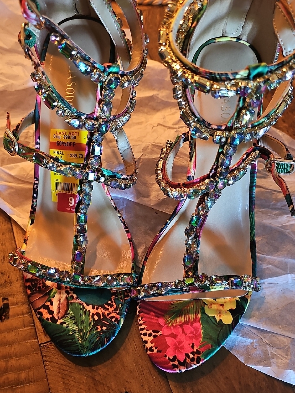 THALIA SODI Crystal-Embellished Tropical Print Strappy Sandals - Multicolor